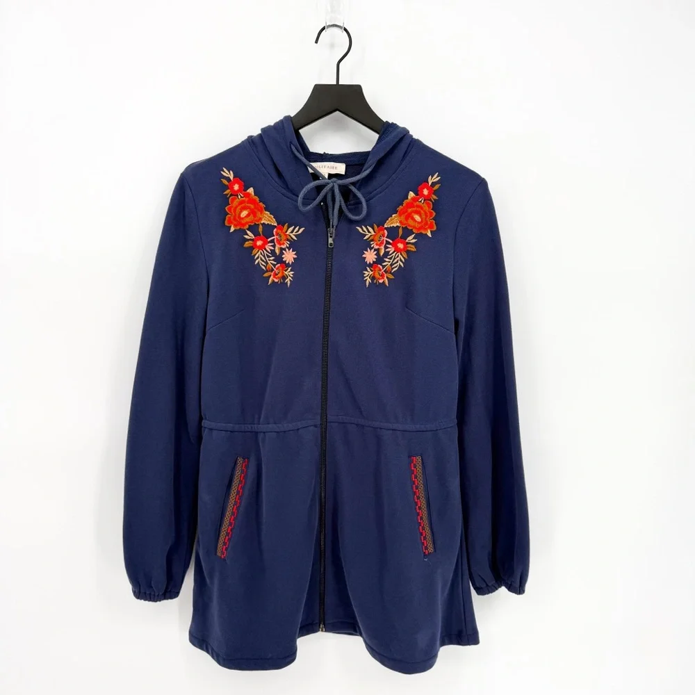 Solitaire Floral Embroidered Casual Zipper Front Hoodie Blue Medium